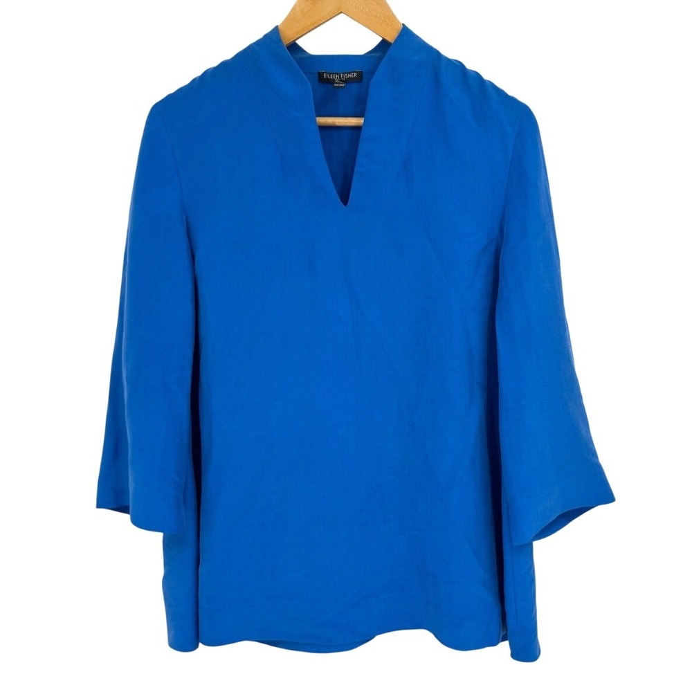 Eileen Fisher Catalina Silk High Collar Tunic Top Size Medium Petite Cobalt Blue